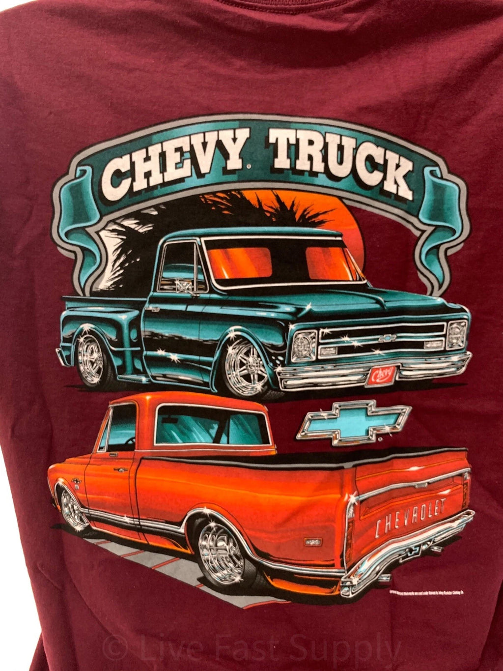 Licensed 1967–1972 Chevy C10 Pickup Maroon T Shirt w Trucks Front Print
