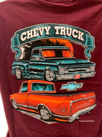 Licensed 1967–1972 Chevy C10 Pickup Maroon T Shirt w Trucks Front Print