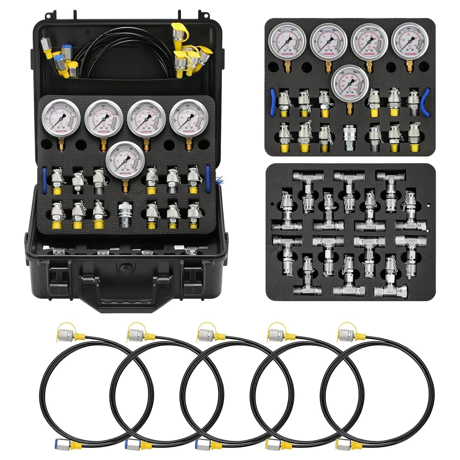 Hydraulic Pressure Test Kit 5 Gauge with 13 Couplings & 14 Tee Connectors for Excavator