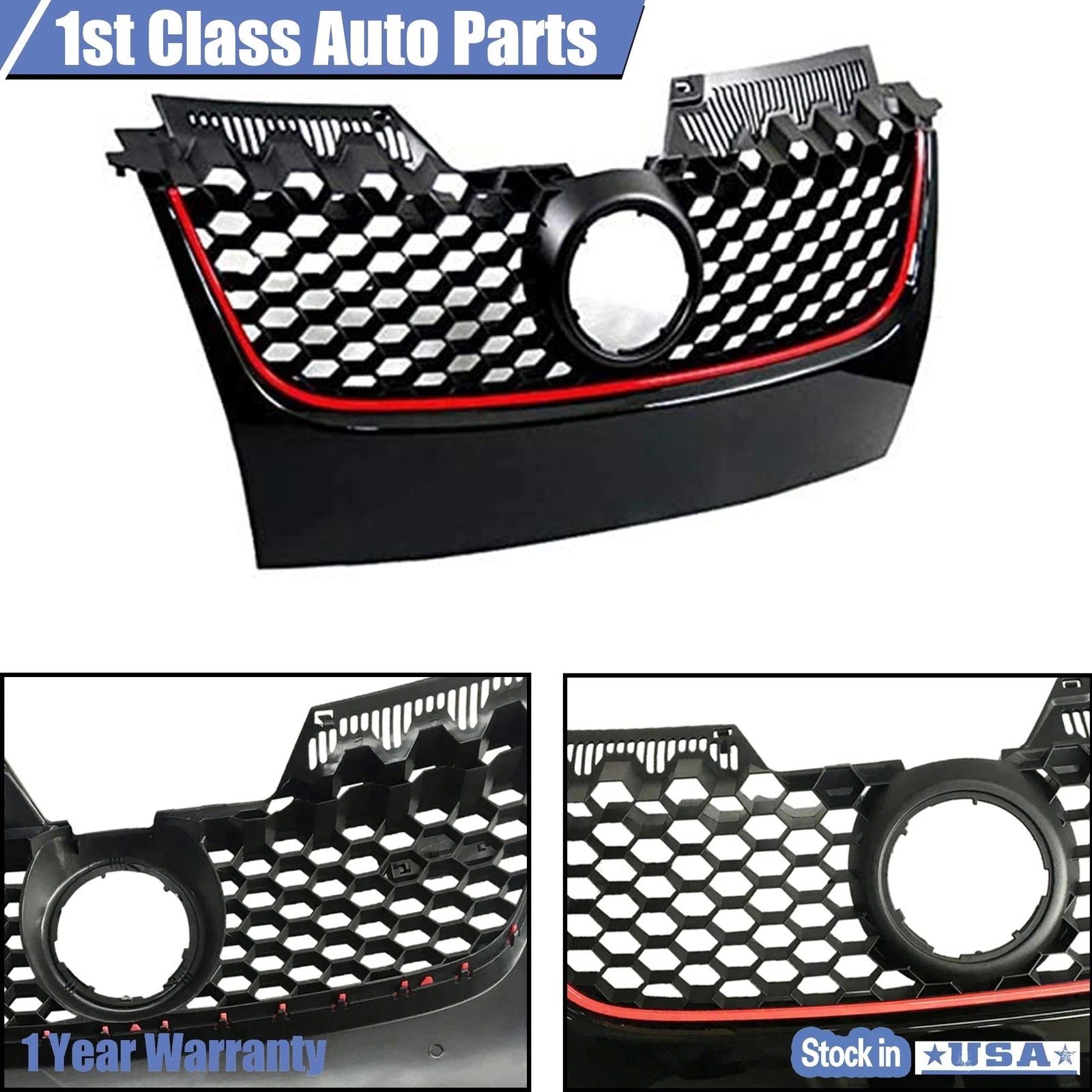Black Hex Mesh Grille with Red Trim for VW Mk5 Jetta GTI (2006-2009)