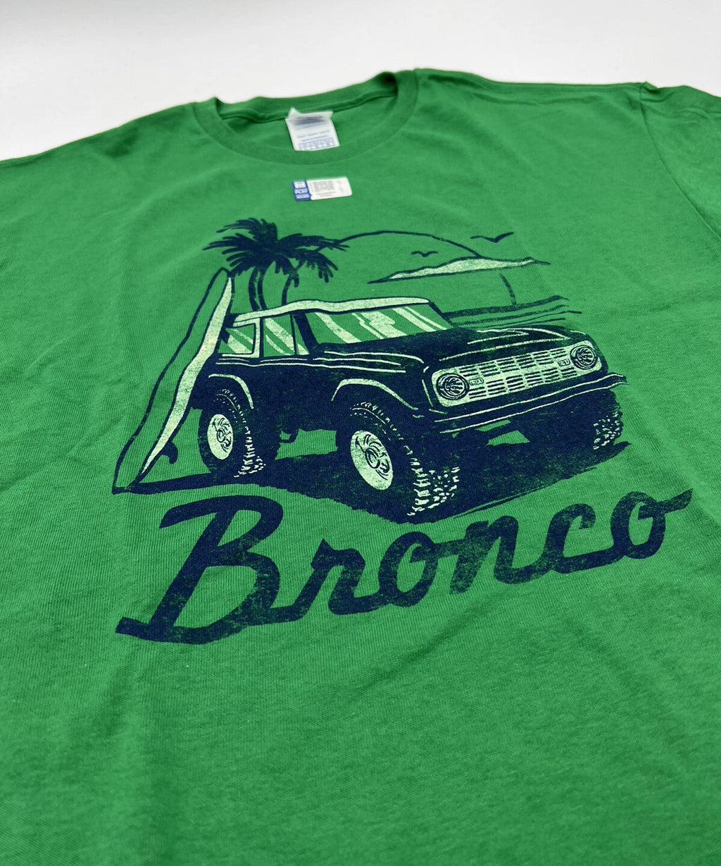 Ford Bronco T Shirt Green Beach Scene Script Logo Emblem for (1966–2024)