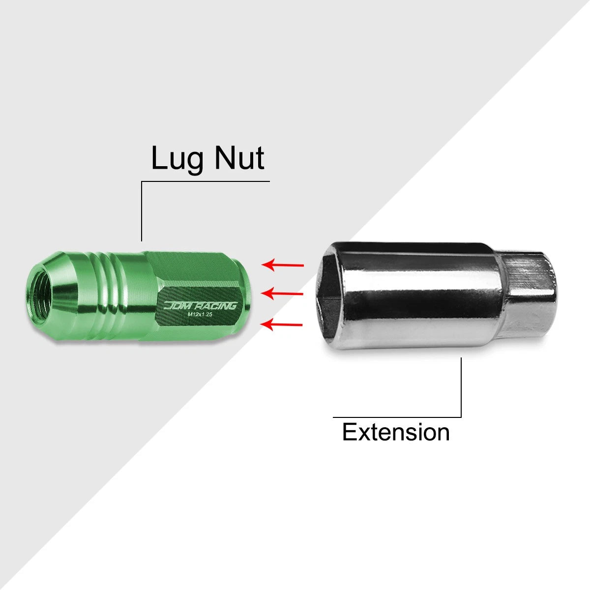 Set of 20 M12X1.25 Green JDM Closed End Cone Hex Wheel Lug Nuts + Extension 20mmx50mm