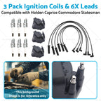 3 Pack Ignition Coils + 6X Leads for Holden Statesman Commodore 10467067