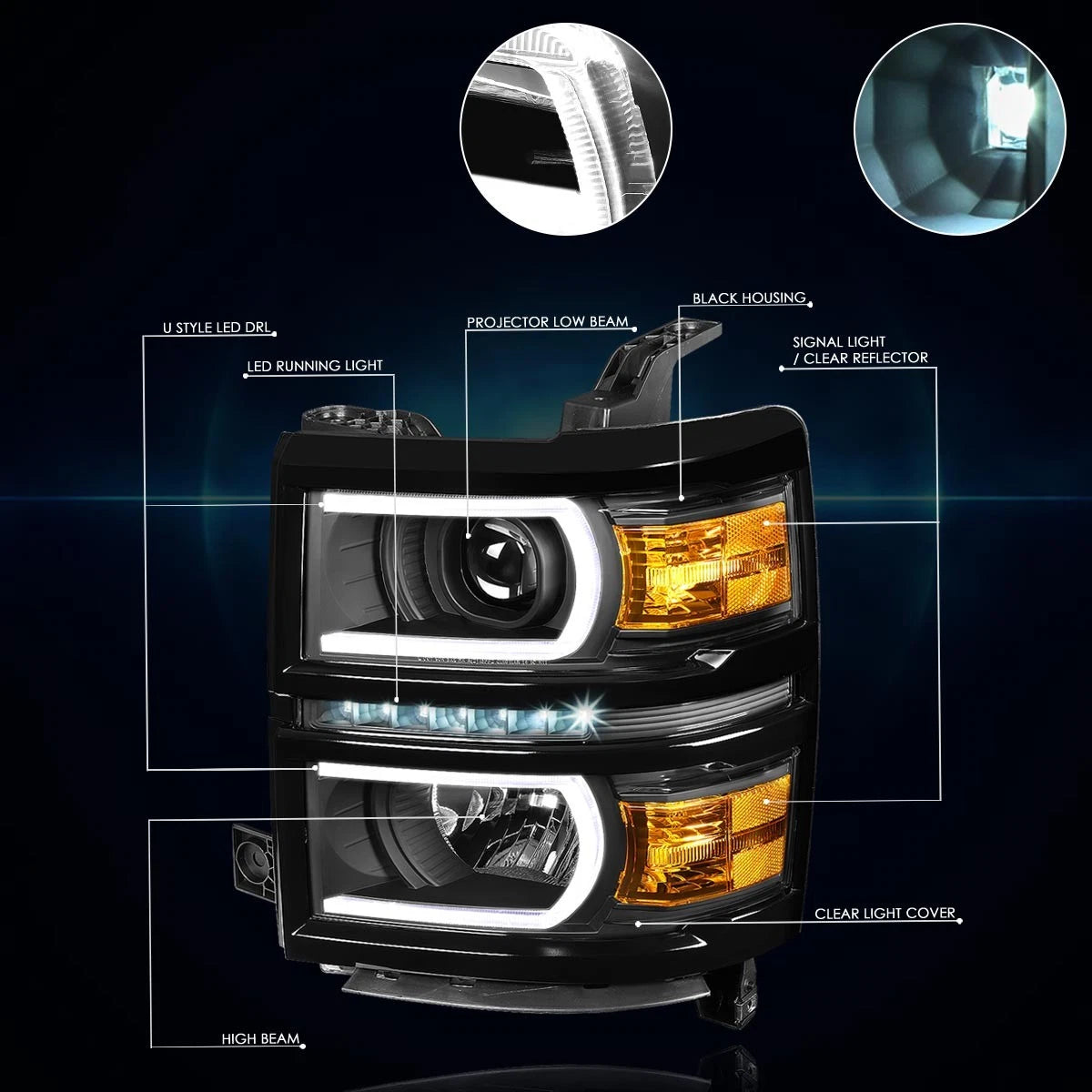 LED Projector Headlight with U-Tube Bar for Chevy Silverado (2014–2015)