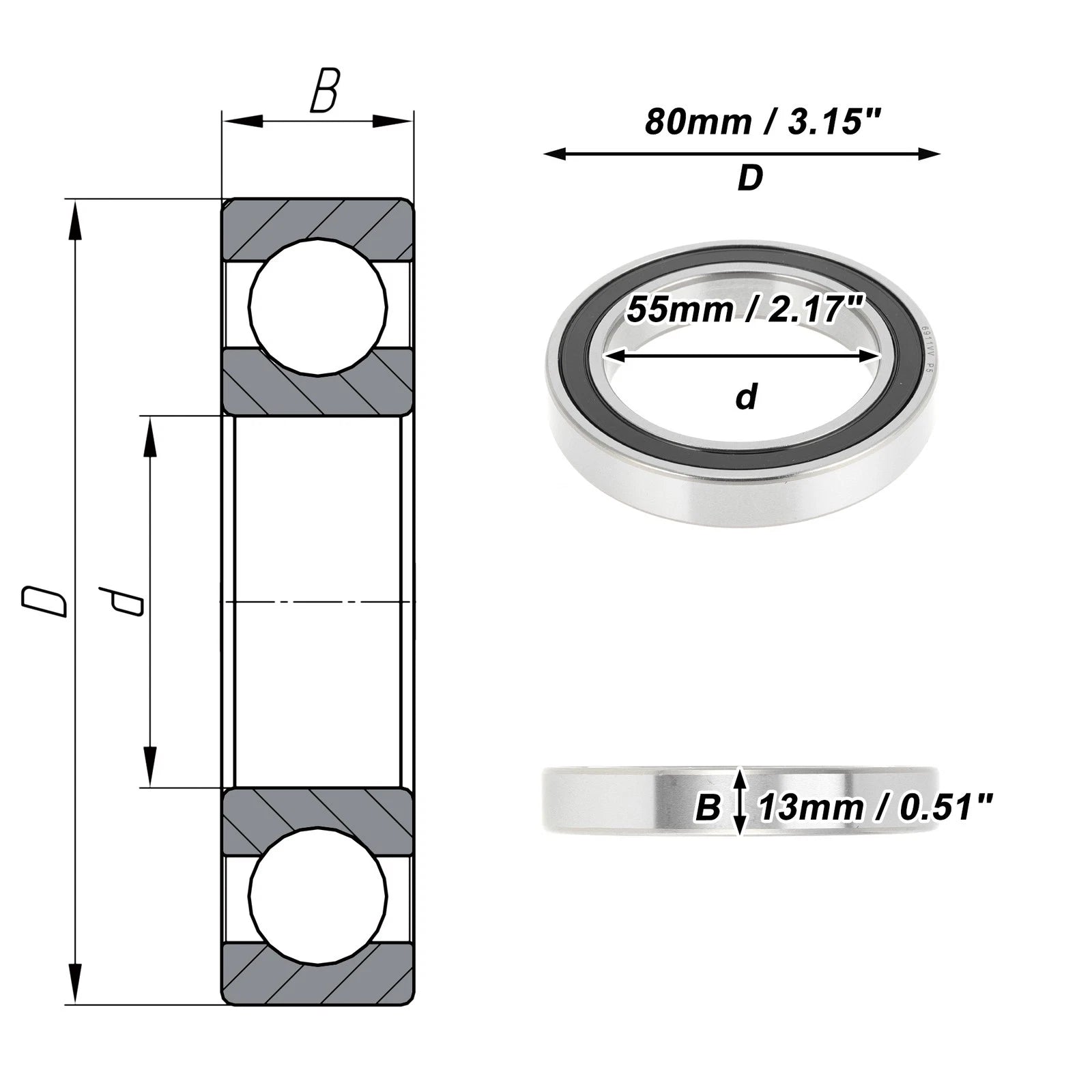 Deep Groove Ball Bearing P5 for Scooter Skateboard Wheel (55x80x13mm)