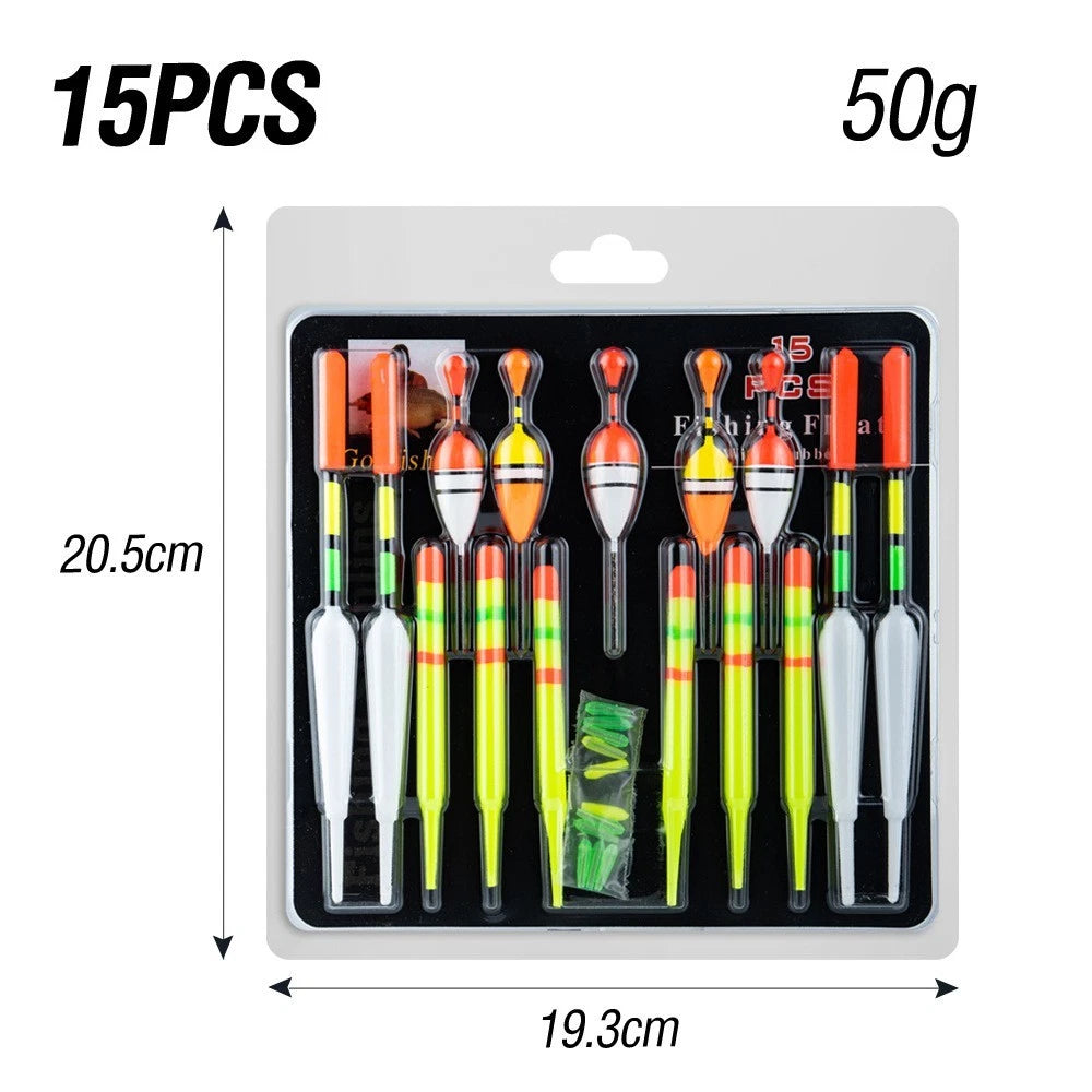 15 Piece Set of Fishing Floats Bobbers for Various Fishing Applications