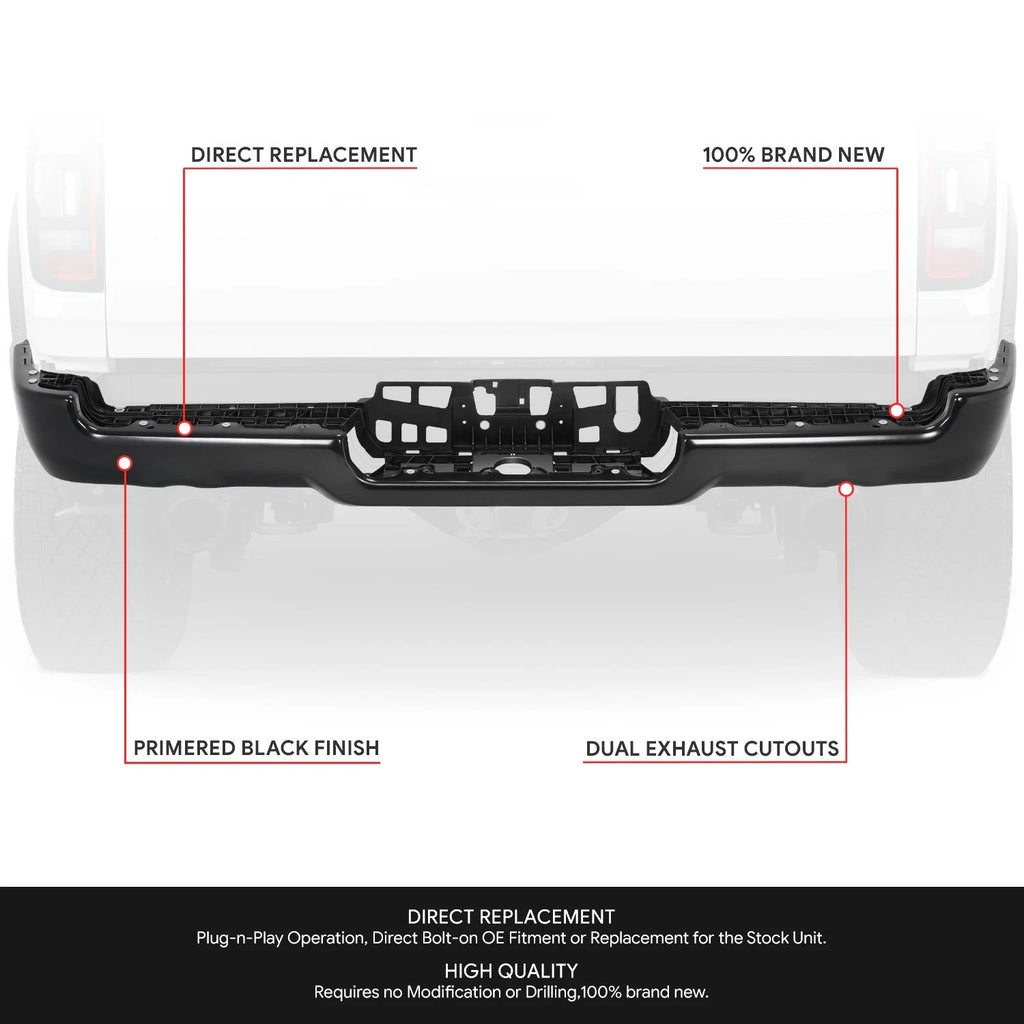 Metal Rear Bumper Face Bar for Ram 1500 (2019–2024) w/ Dual Exhaust, Black