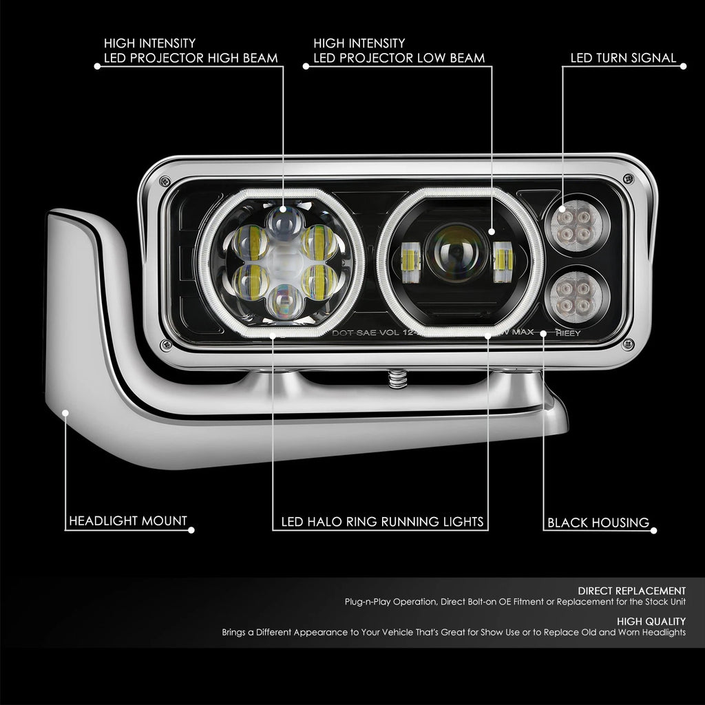 Projector LED Halo Ring Headlight for Peterbilt 359 379 389 (1981–2021)