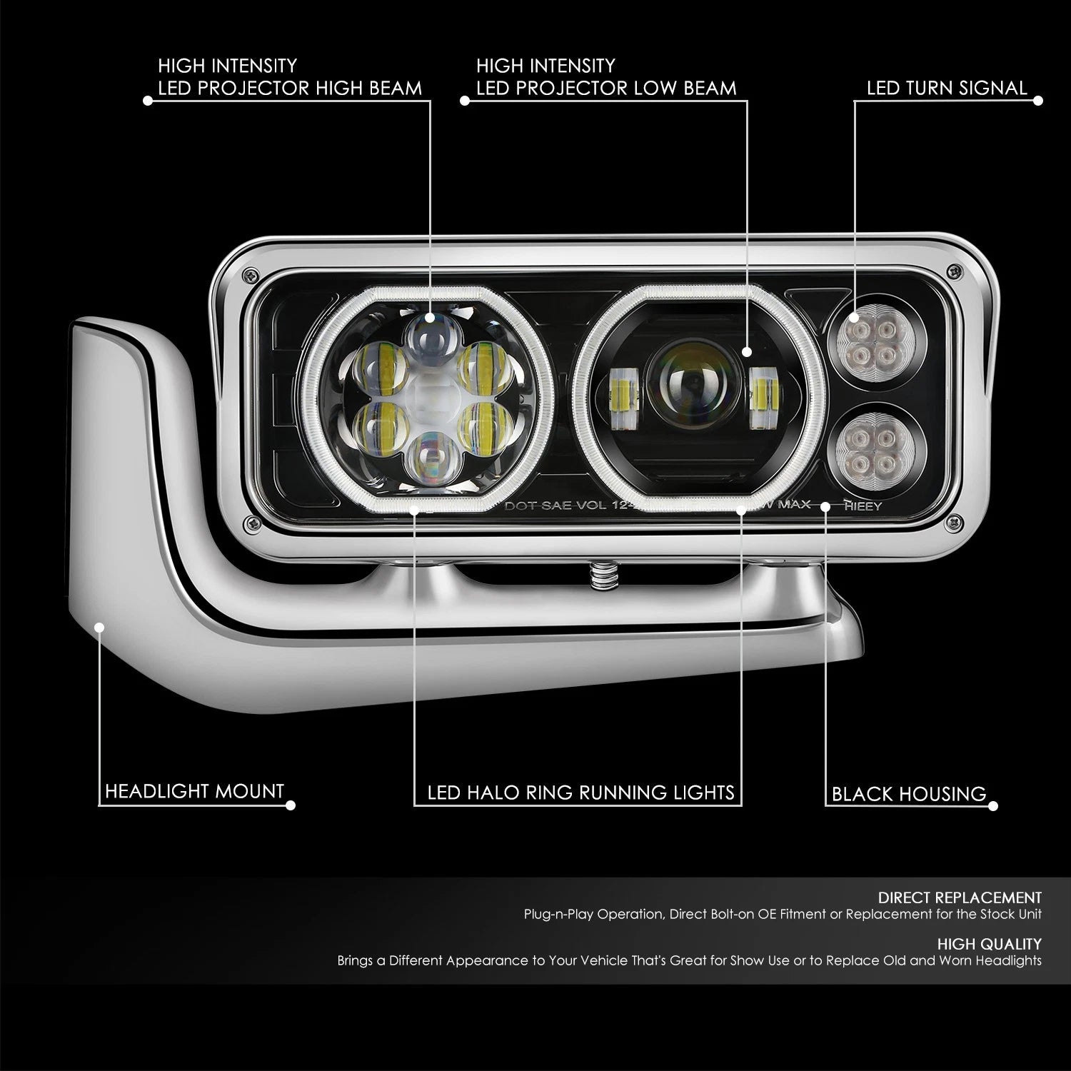 Projector LED Halo Ring Headlight for Peterbilt 359 379 389 (1981–2021)