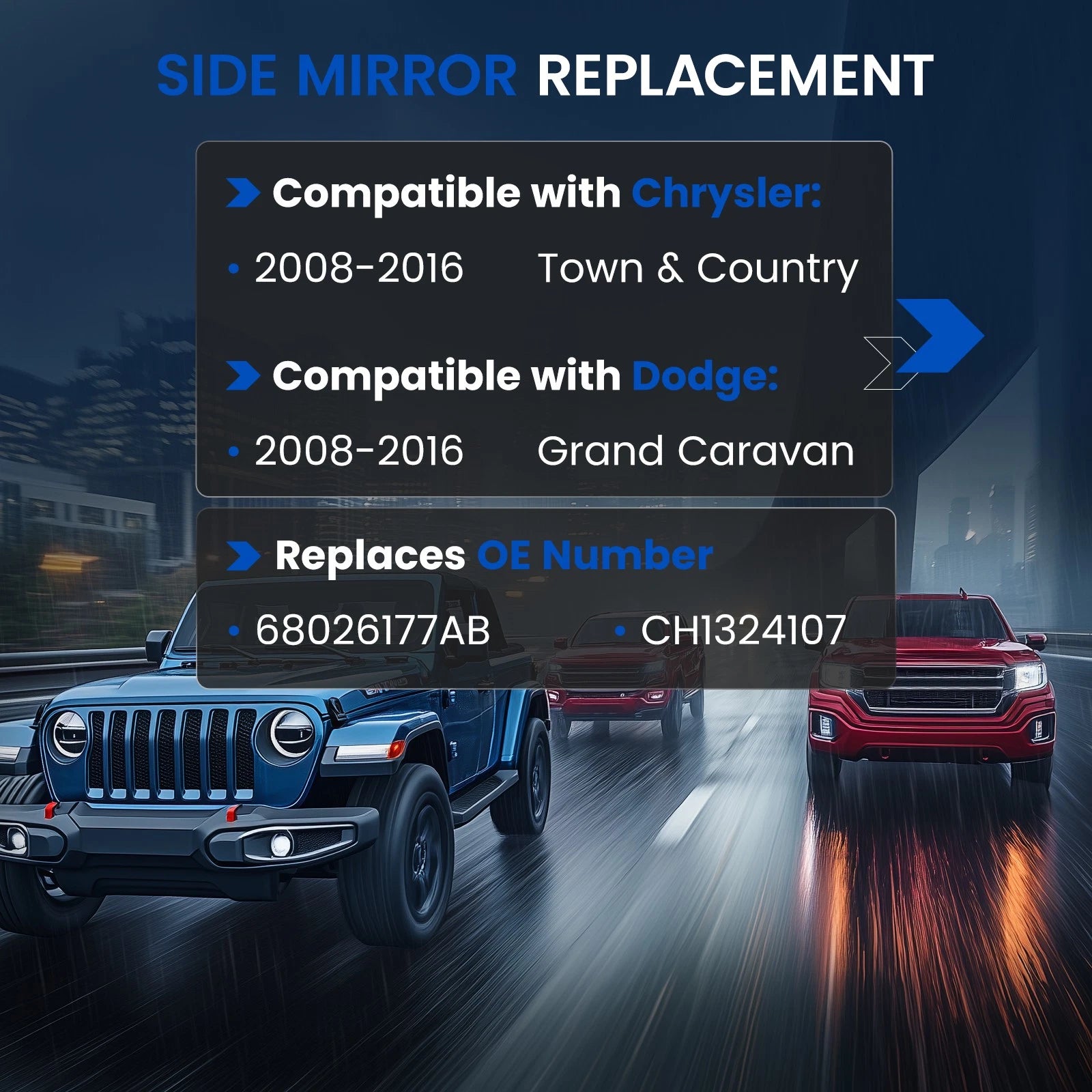 Left Driver Side Heated Mirror Glass for 2011-2019 Dodge Grand Caravan 3.6L