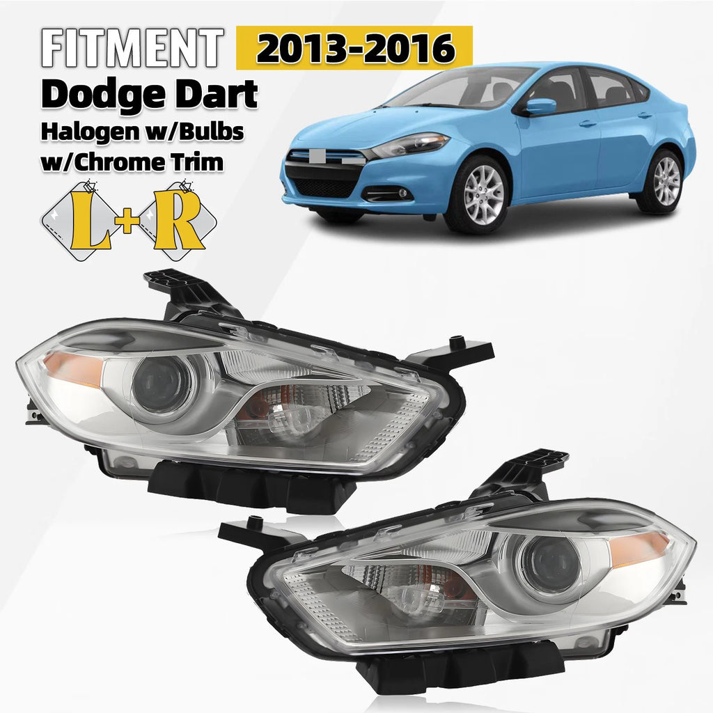 Set of 2 Halogen Headlights with Bulb for Dodge Dart (2013–2016) Chrome Trim