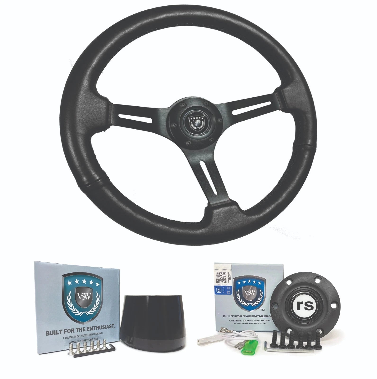 Steering Wheel Leather Black Slotted 14 Inch for 1967–1968 Chevrolet Camaro RS