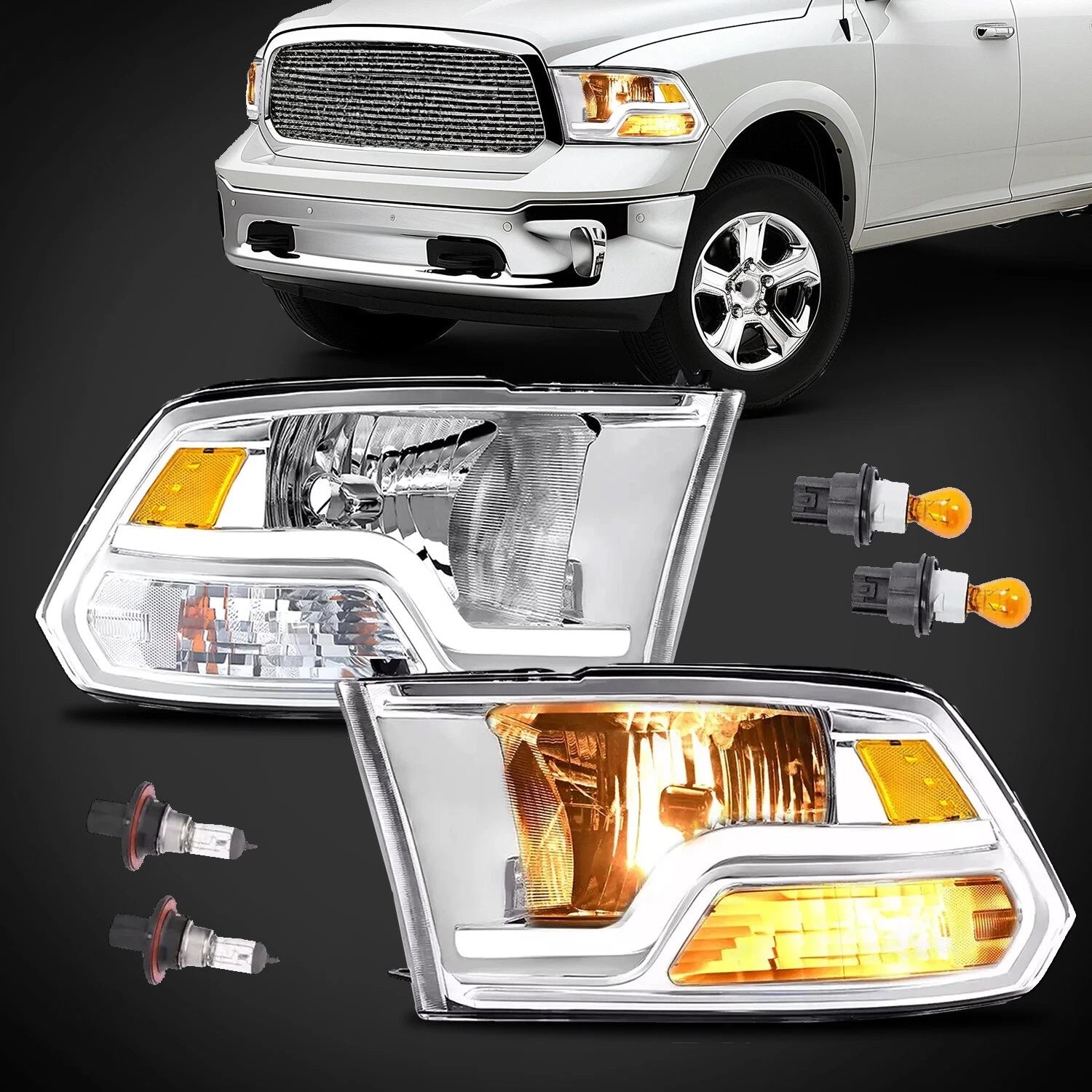 Pair LED DRL Sequential Headlights for Dodge Ram 1500 2500 3500 (2009–2018)