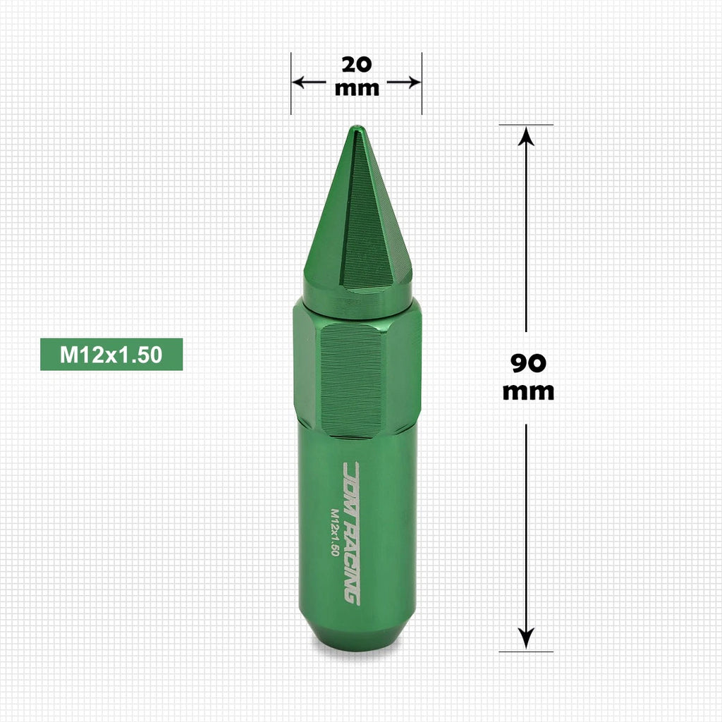 Set of 20 M12X1.5 Green JDM Hex Spiked Wheel Lug Nuts + 20mm Extension