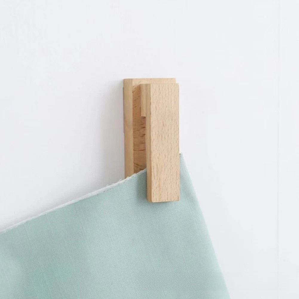 2X Natural Wood Towel Hooks with Wax Finish for Wall Hanging