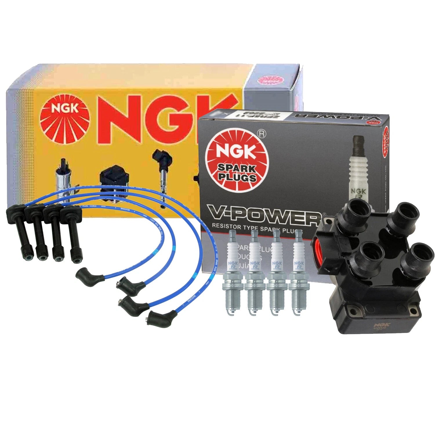 Set of 4 NGK DIS Ignition Coil Wires & V-Power Spark Plugs for Ford 2.0 L4