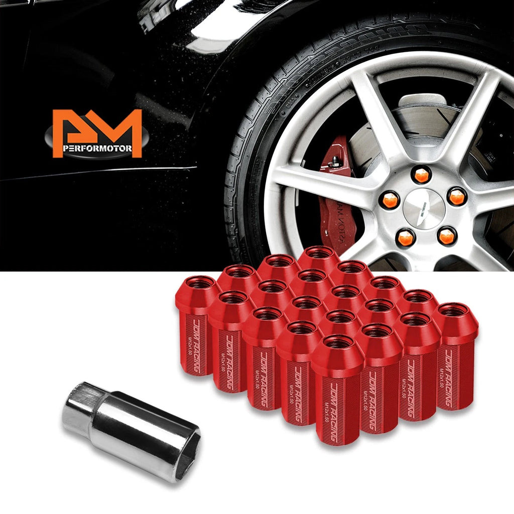 Set of 20 M12X1.5 Red JDM Closed End Aluminum Hex Wheel Lug Nuts + Extension 25mmx50mm