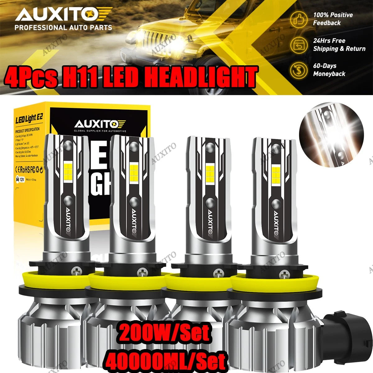 Set of 4 H8/H11 LED Headlight Bulbs for Dual Beam (6500K)