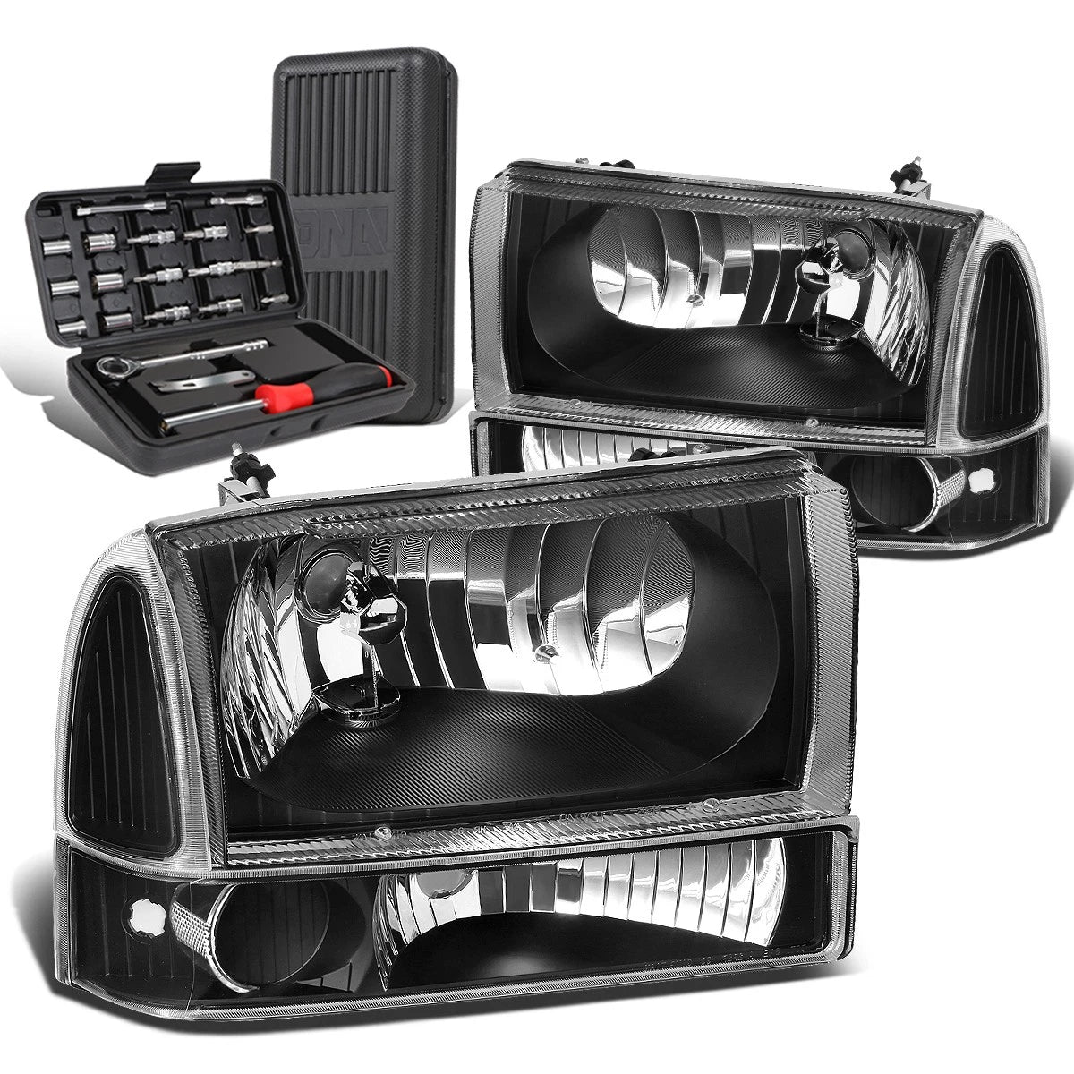 Pair of Black/Clear Signal Headlight Lamps for Ford Super Duty (1999–2004)