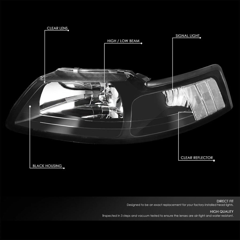 Black Housing Headlights + Clear Corners + Smoked LED Fog Light Kit for Ford Mustang (1999–2004)