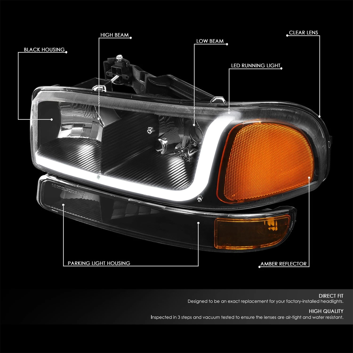 LED DRL Tube Black/Amber Headlight Bumper Lamp for GMC Sierra (1999–2007)