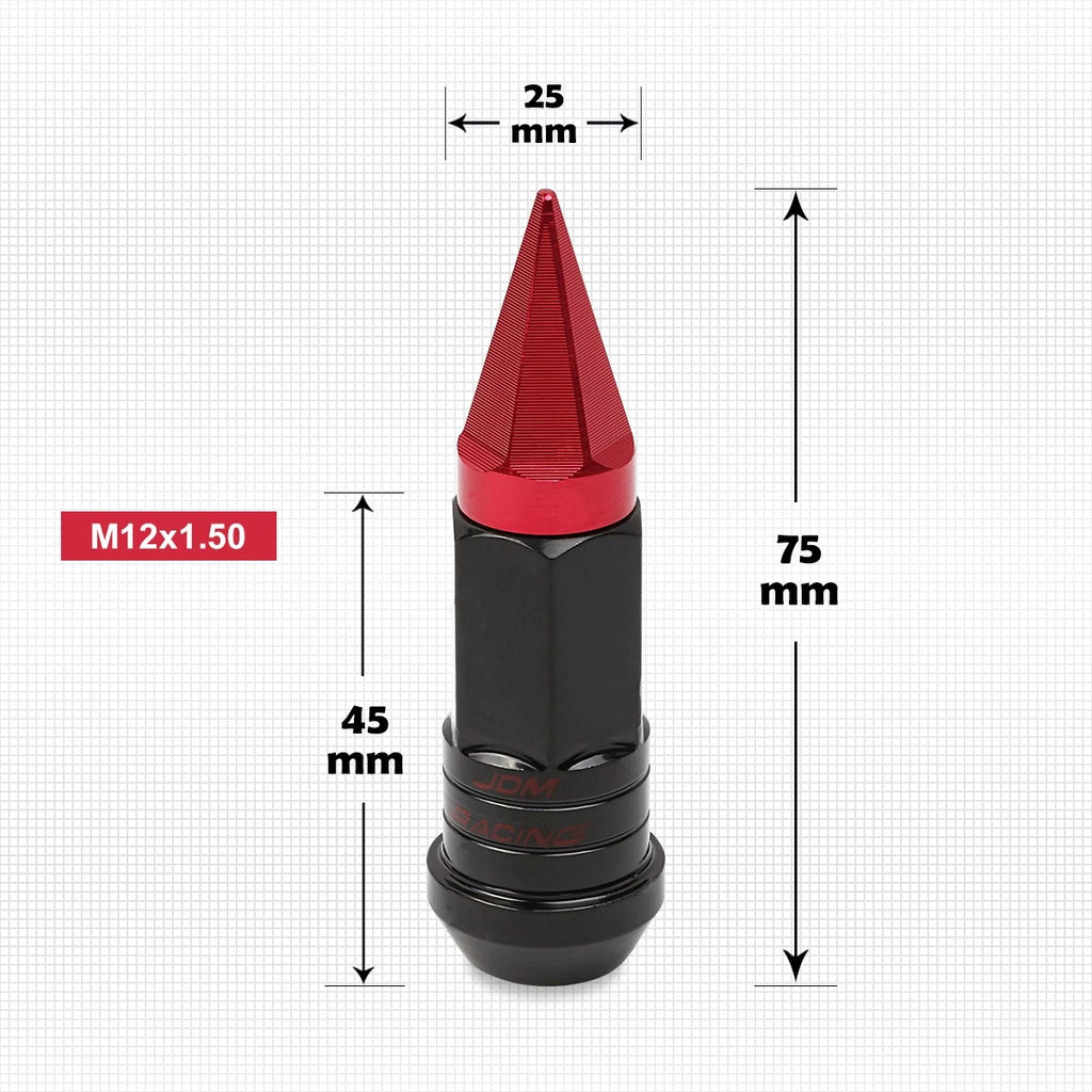 Set of 20 M12X1.5 Red JDM Cone Wheel Lug Nuts with Spline Locks and Caps