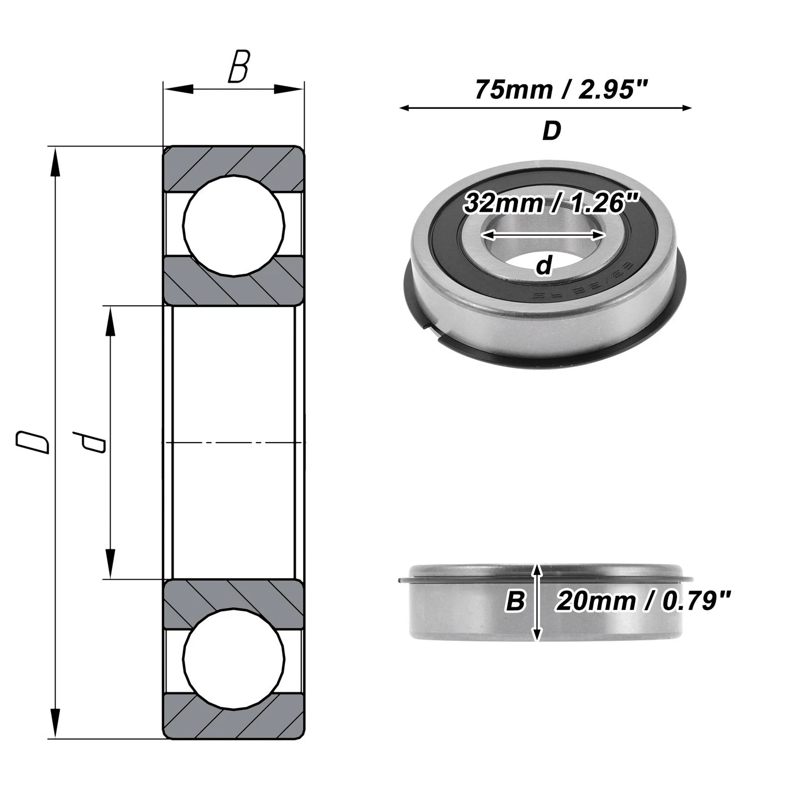 Deep Groove Ball Bearing 32x75x20mm for Scooter Skateboard (1Pc)