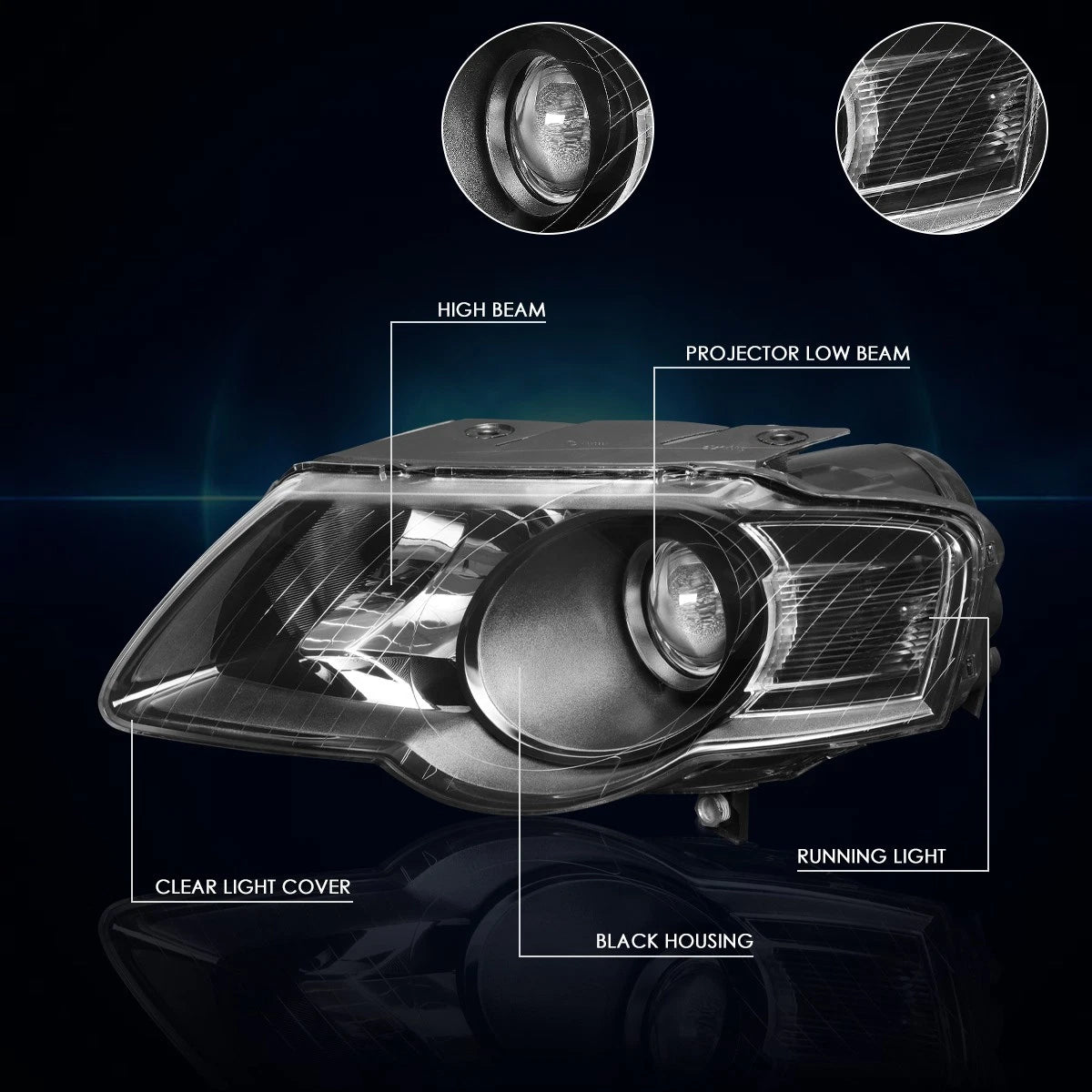 Projector Headlight for VW Passat (2006–2010) - Clear Side Corner Black