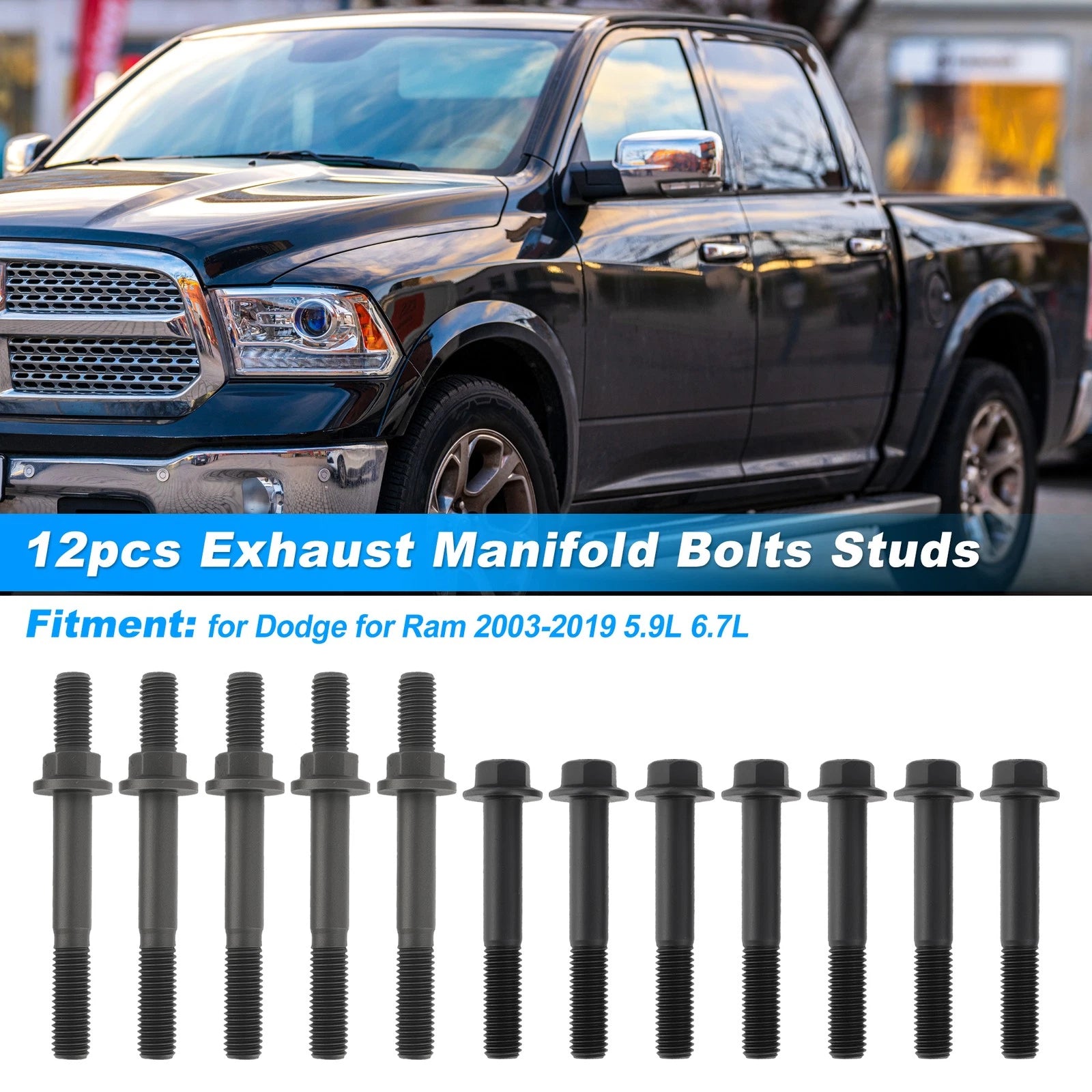 12pcs Exhaust Manifold Bolts Studs for Dodge Ram (2003–2019) 3944593/3944655