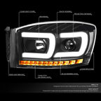 2X Dual LED DRL Sequential Signal Projector Headlight Lamp for Ram Truck (2006–2009)
