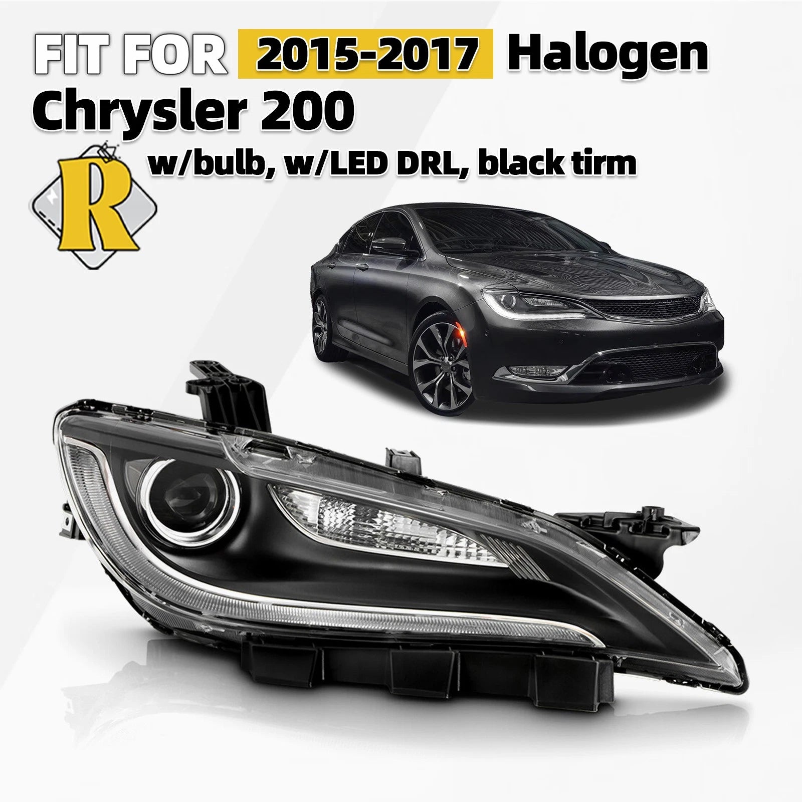 Halogen Headlight with LED DRL for Chrysler 200 (2015–2017) Right 8 Pins