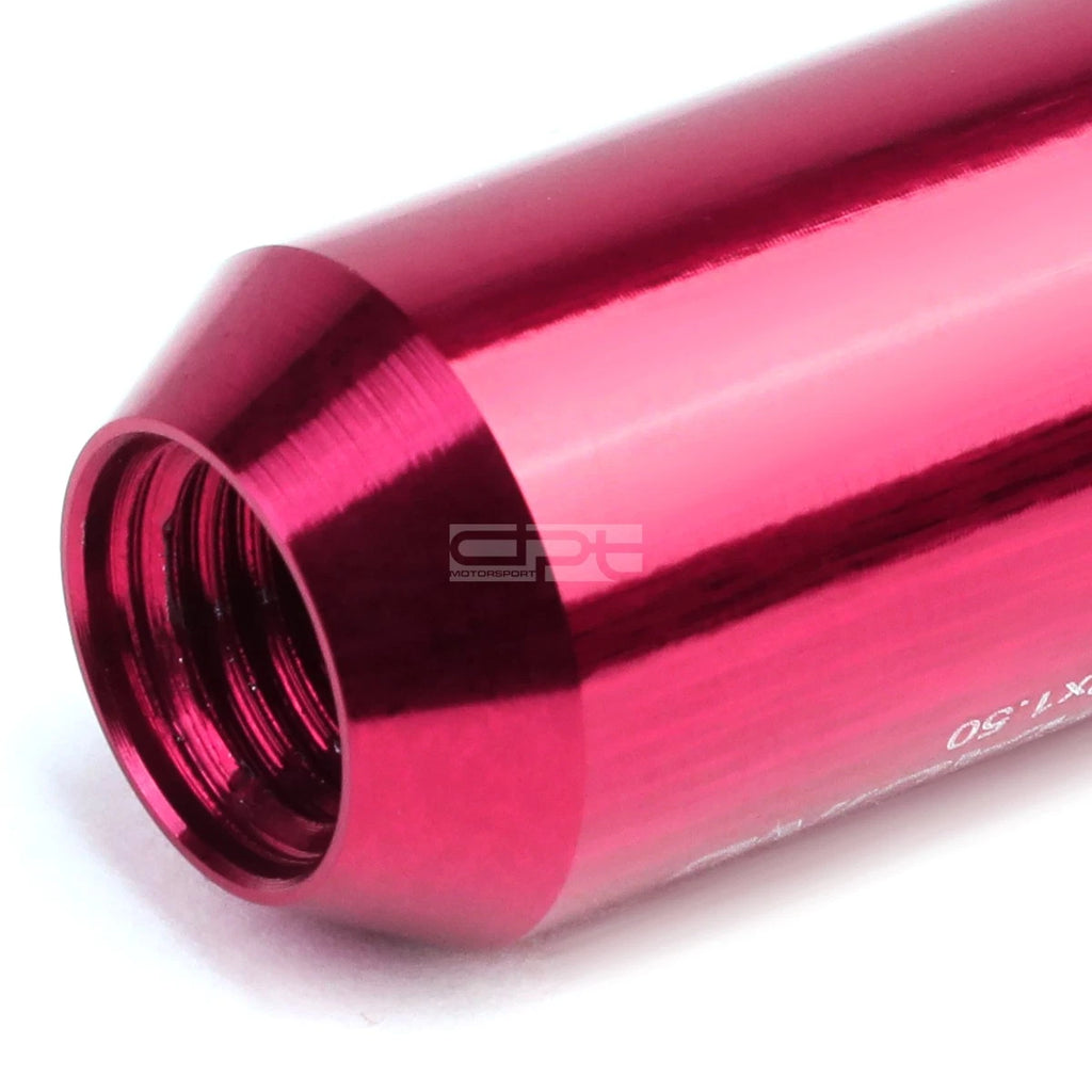 Set of 4 Open-End Aluminum Pink Lug Nuts + Adapter M12x1.5 (20mm OD/60mm Tall)