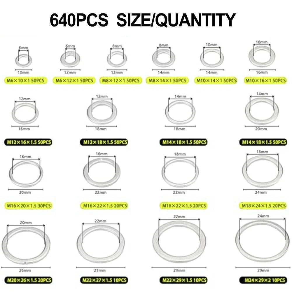 640pcs Aluminium Metric Sealing Rings Oil Drain Seal Set