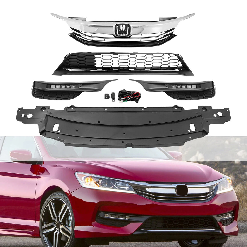 Set of 2 Front Bumper Grille & LED Fog Lights for Honda Accord Sedan