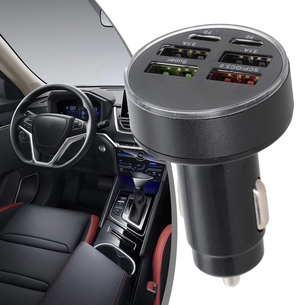 6-Port Car Charger with LED Display and USB Outputs for Vehicles