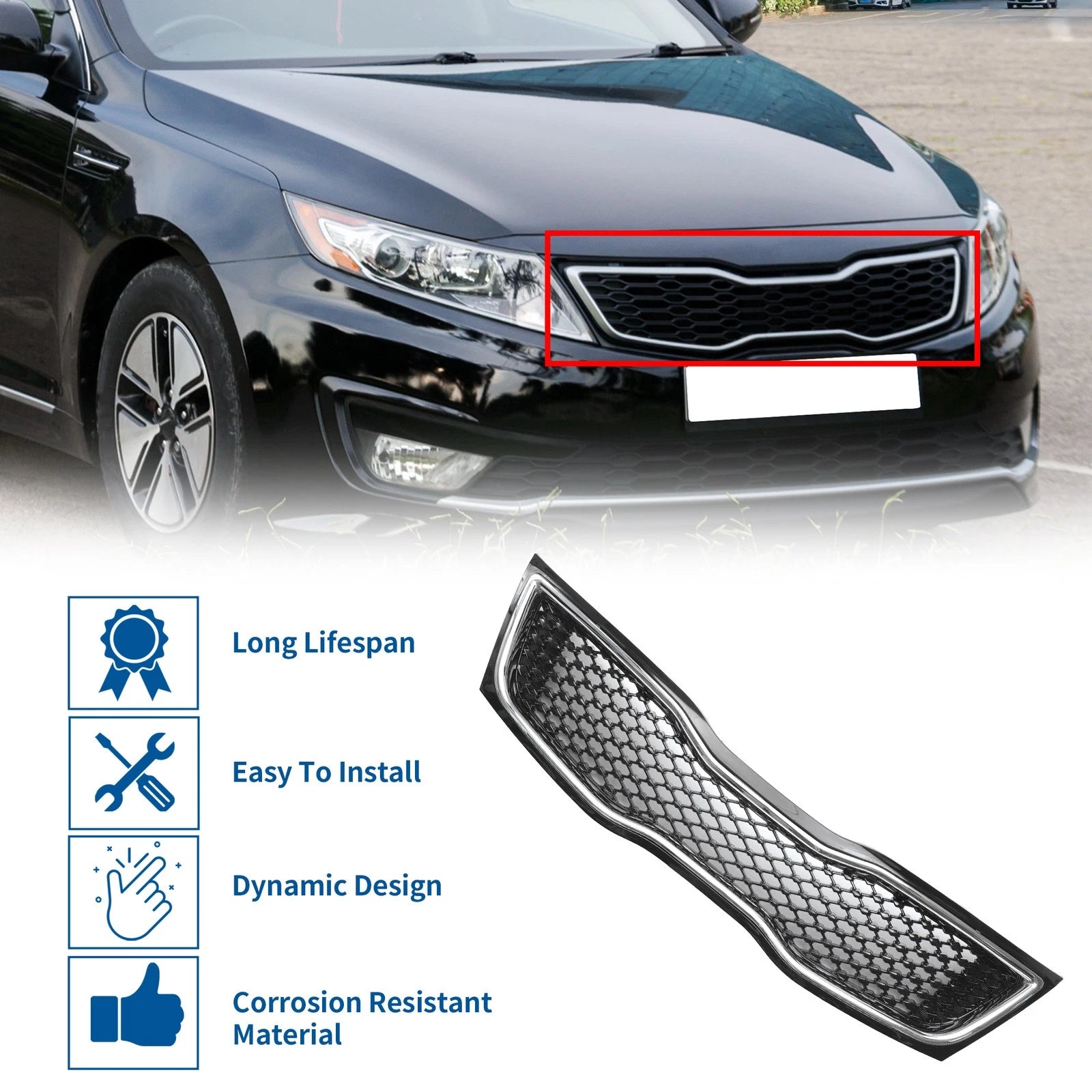 Front Upper Bumper Grille for Kia Optima (2014–2015) Black Chrome Silver Tone