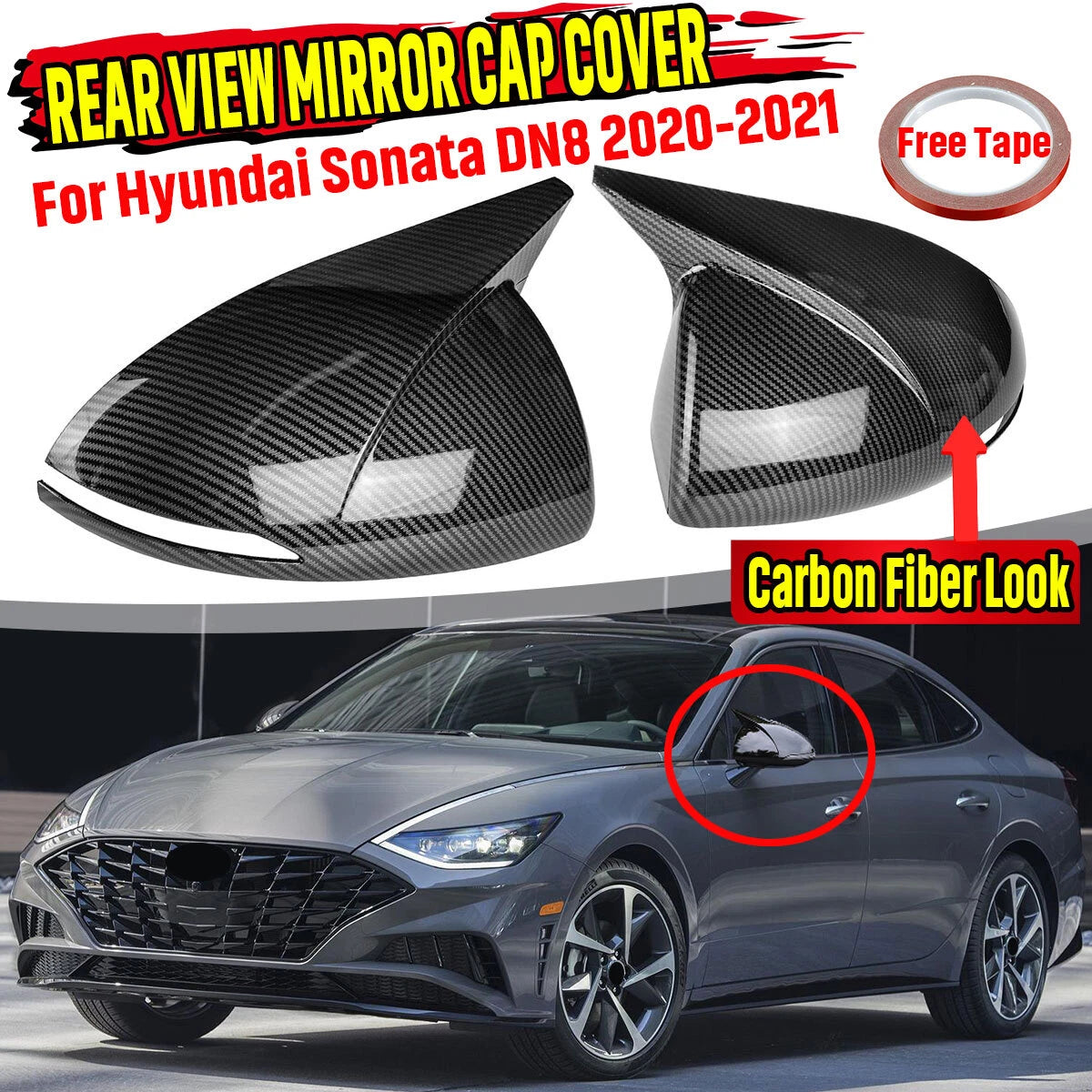 2X Carbon Fiber Look Rear View Side Mirror Cover for Hyundai Sonata (2020–2023)