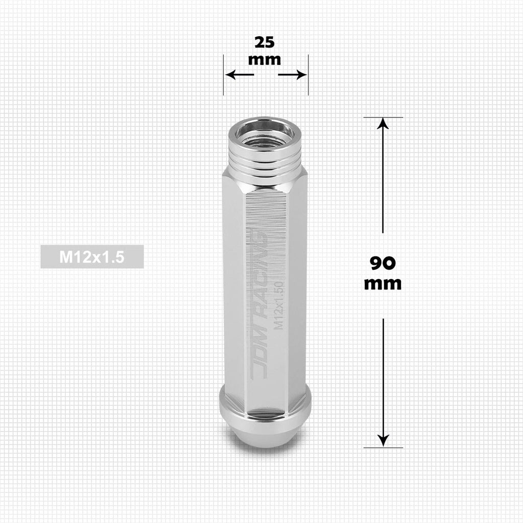 Set of 20 M12X1.5 Silver JDM Open End Conical Wheel Lug Nuts + 25mm Extension