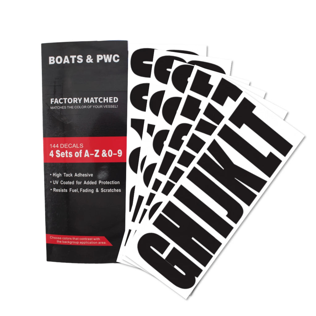 Set of 4 Boat Registration Identification Numbers Stickers A-Z & 0-9 Black