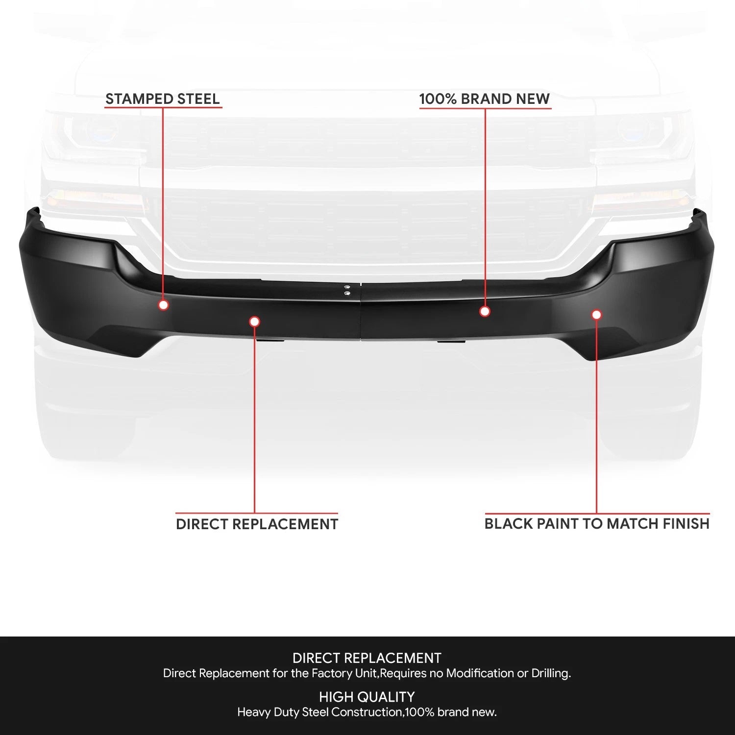 Front Bumper Face Bar for Silverado 1500 LD (2016–2019) w/o Sensor & Fog Light Holes