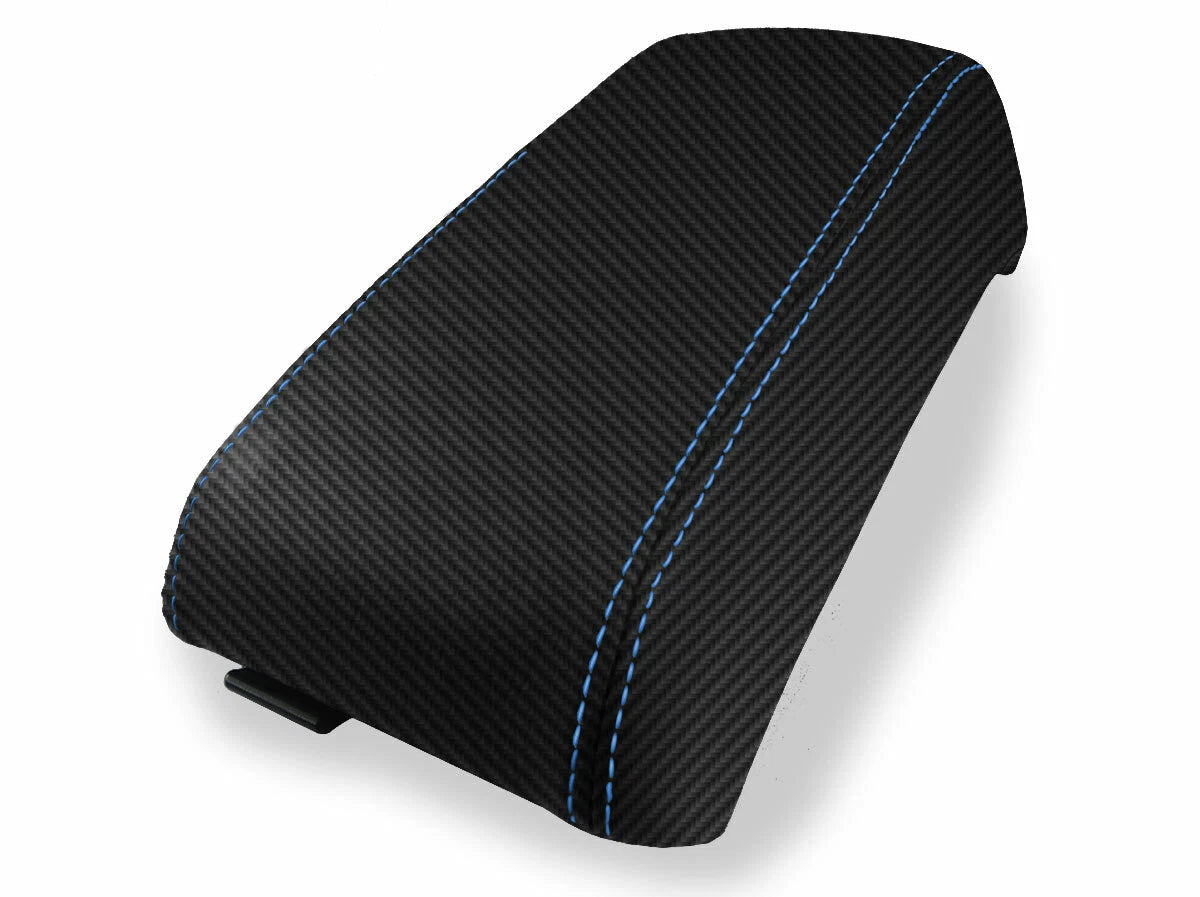 Console Lid Armrest Cover for Subaru Baja (2003–2006) Carbon Fiber Blue Stitch