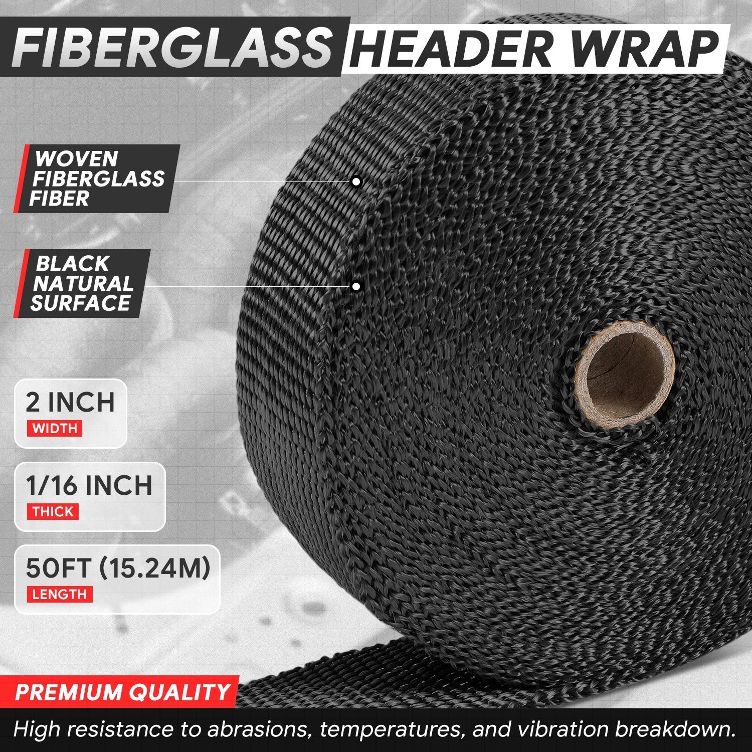 2" Wide Black Fiberglass Exhaust Header Wrap for Universal (50Ft)