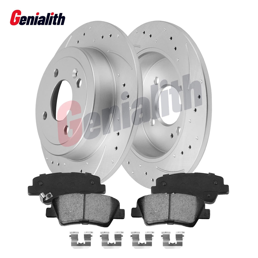Set of 2 Rear Drilled Disc Rotors + Ceramic Pads for Hyundai Accent Kia Rio (2012–2022)