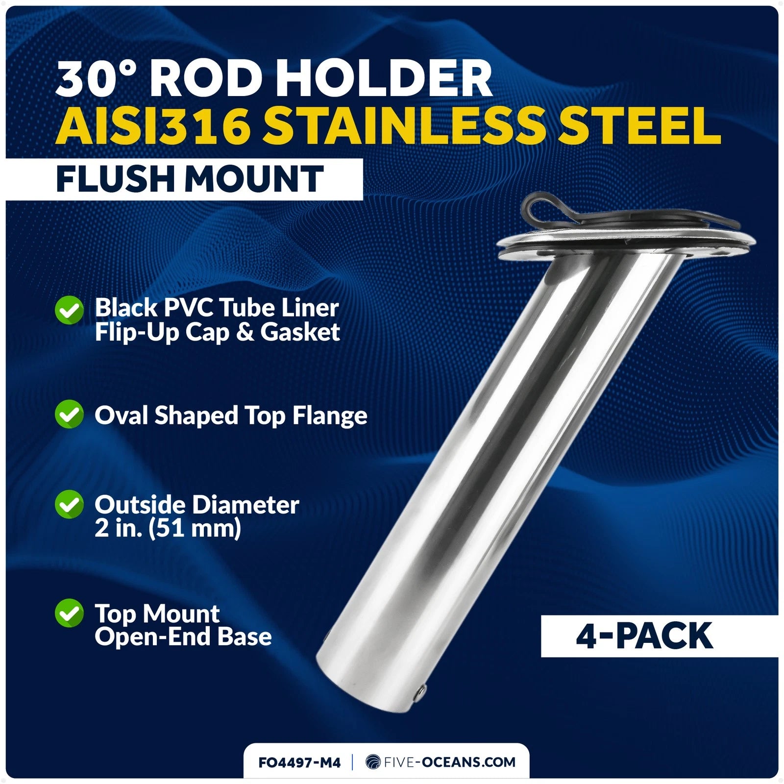 Flush Mount Fishing Rod Holder for (316 Stainless Steel, 30° Angled, Set of 4)