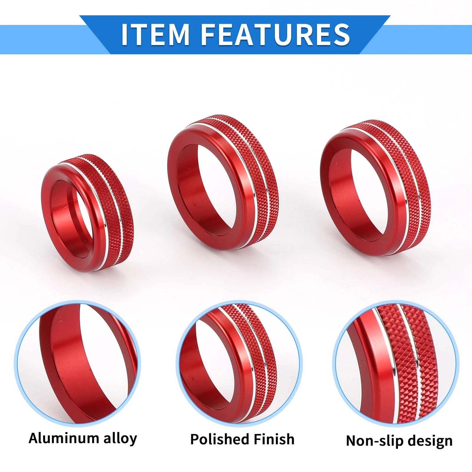 3X AC Media Volume Tune Switch Knob Cover Ring for Dodge Durango (2021–2023) Red