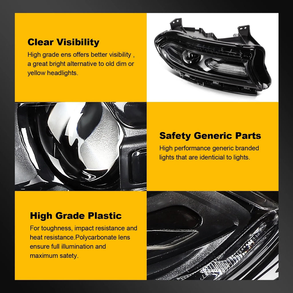 Right Side Black Headlight Assembly with Projector for Dodge Charger (2015–2023)
