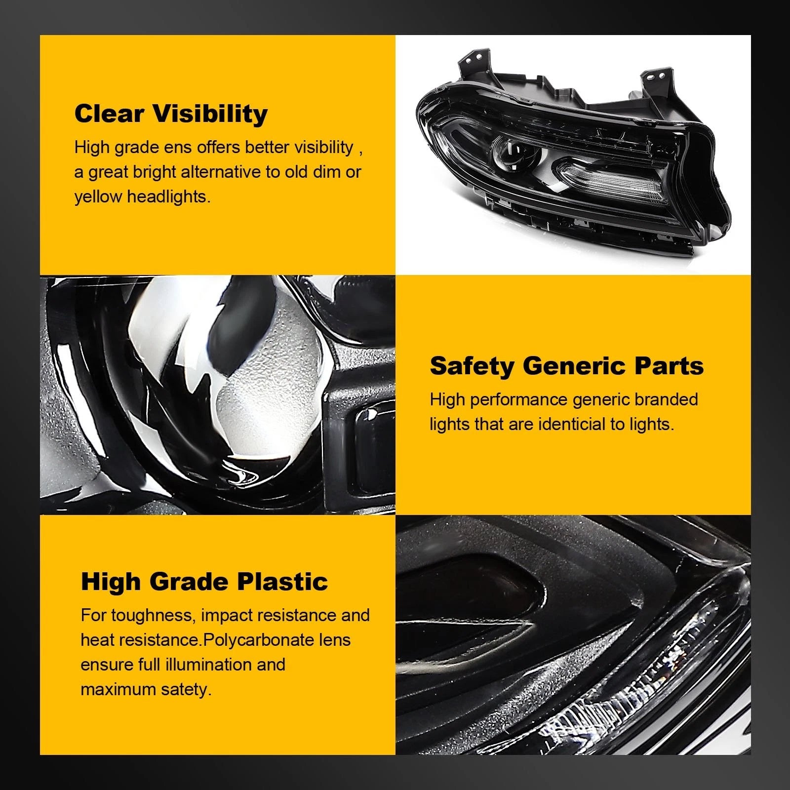 Right Side Black Headlight Assembly with Projector for Dodge Charger (2015–2023)