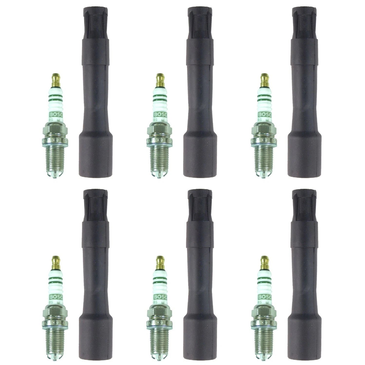 Set of 6 Bosch Nickel Spark Plugs & NGK Ignition Coil Boots for BMW M3 Z3 (1995–2006)