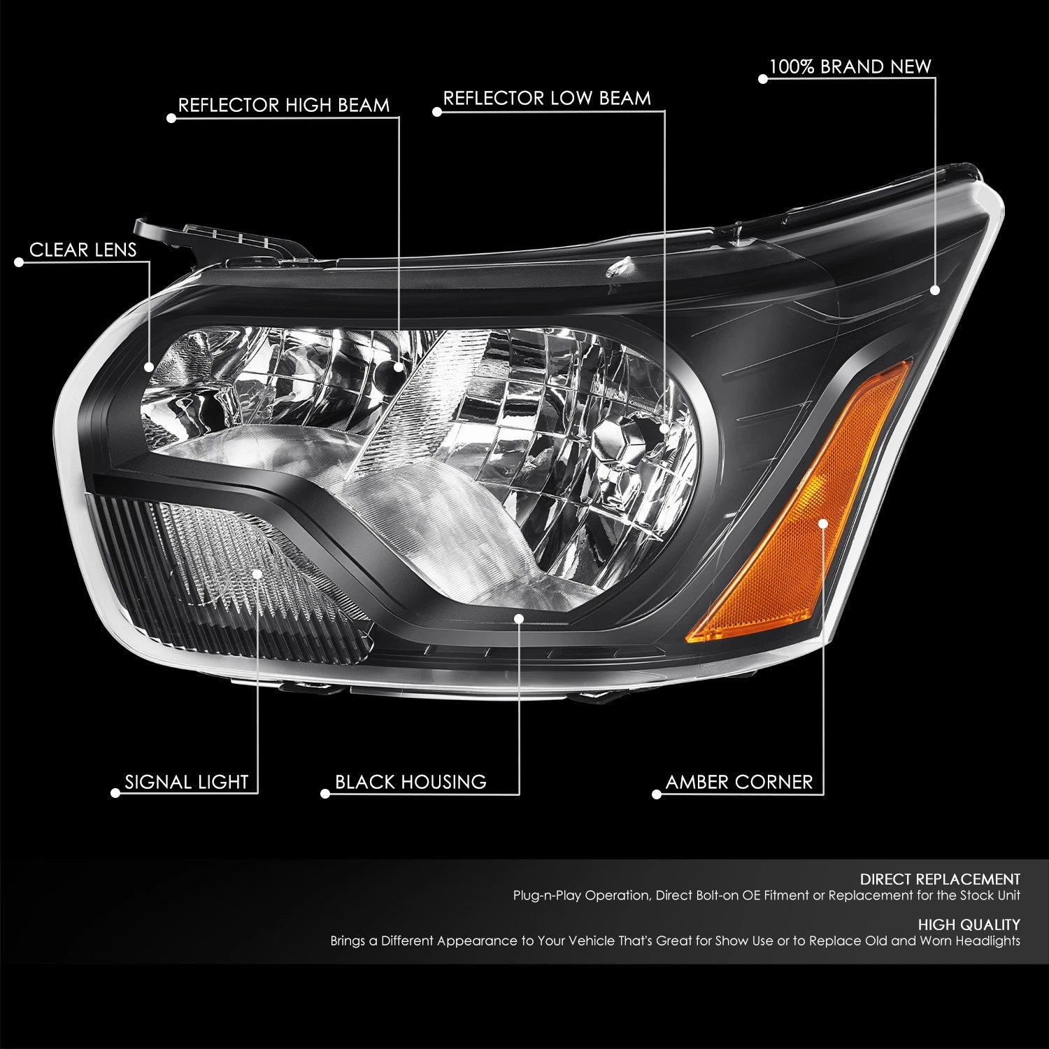 Left Headlight Lamp for Ford Transit 150 250 350 (2015–2023) OE Style Black Housing