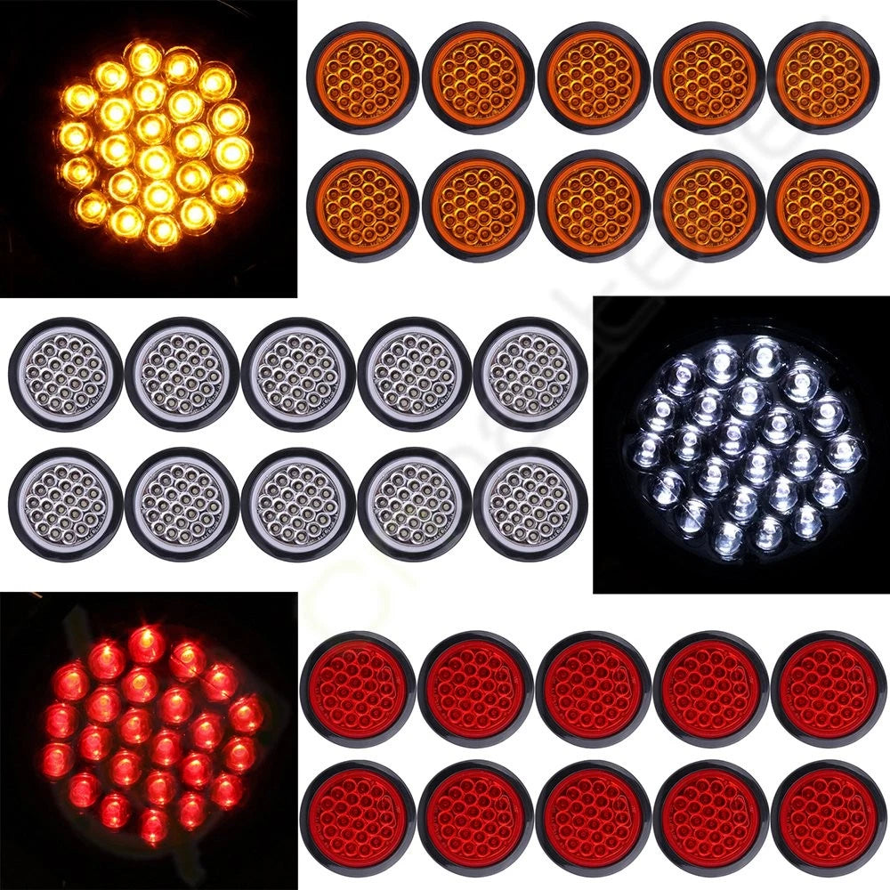 30pcs 4" 24LED Side Marker Trailer Clearance Tail Lamps Round White Amber Red